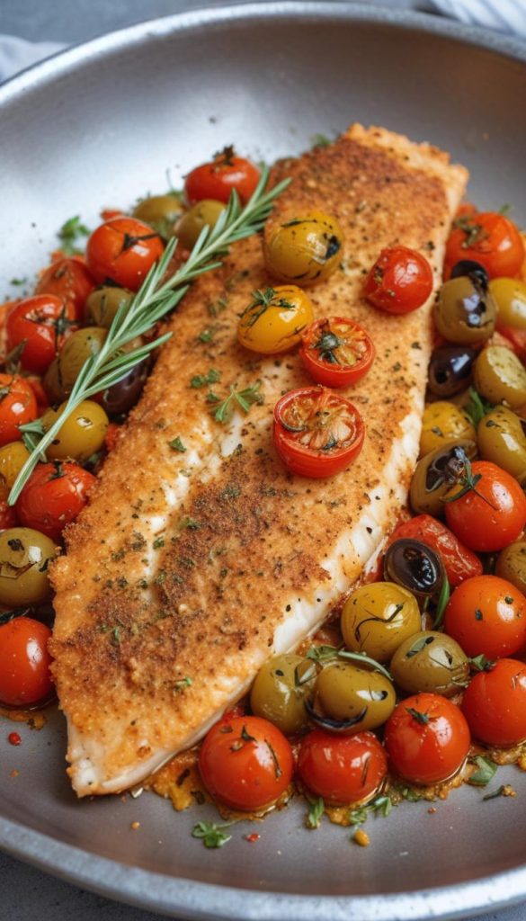 A colorful Mediterranean baked fish dish garnished with fresh herbs, cherry tomatoes, olives, and lemon slices, served on a rustic plate.