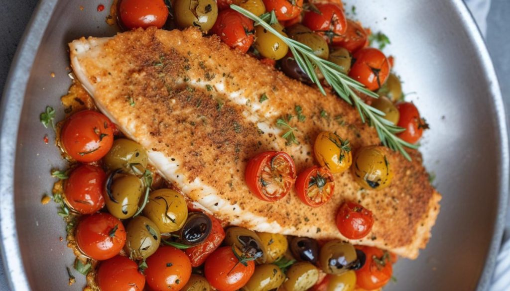 A colorful Mediterranean baked fish dish garnished with fresh herbs, cherry tomatoes, olives, and lemon slices, served on a rustic plate.