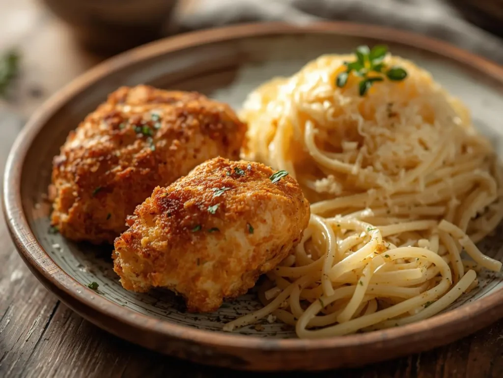 Garlic Butter Chicken Bites served over creamy Parmesan pasta in a bowl, garnished with parsley