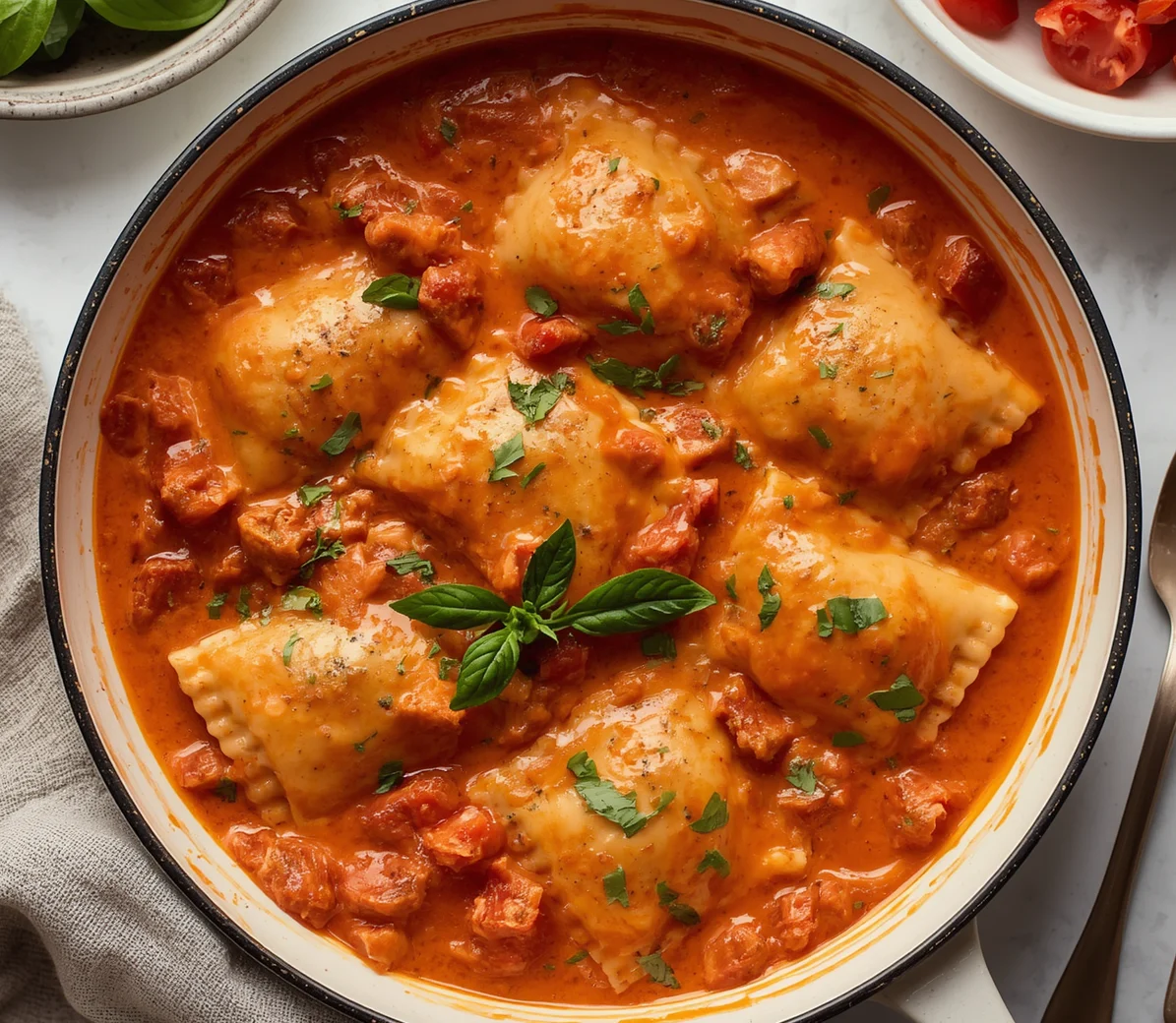 Tender cheese ravioli tossed in a rich, pink Creamy Tomato Ravioli Sauce, served in a white ceramic skillet and garnished with fresh green basil leaves.