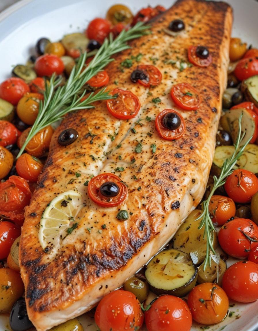 Mediterranean baked fish garnished with lemon slices, cherry tomatoes, olives, and fresh herbs, served on a rustic wooden table.