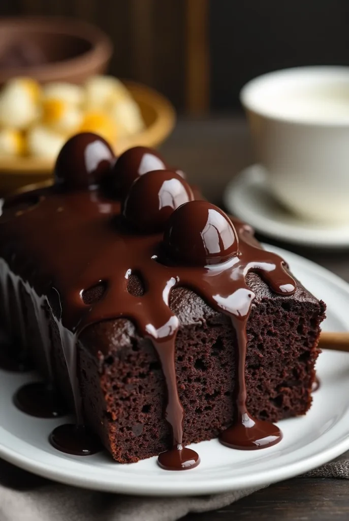 A freshly baked loaf of Hot Fudge Brownie Bread, drizzled with warm fudge sauce.