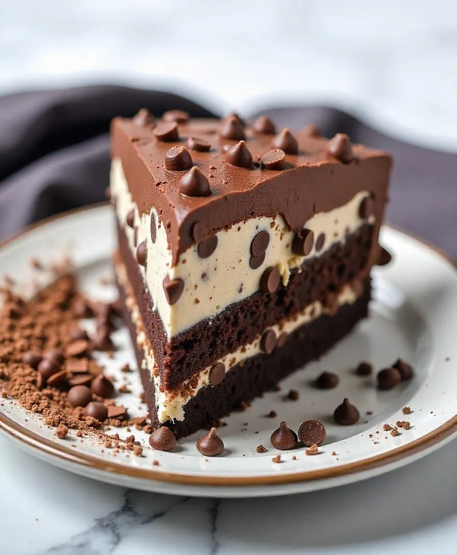 A slice of decadent Mississippi Mud Cake topped with chocolate ganache and served on a plate.