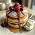 Stack of golden-brown, fluffy old-fashioned pancakes with butter and syrup.