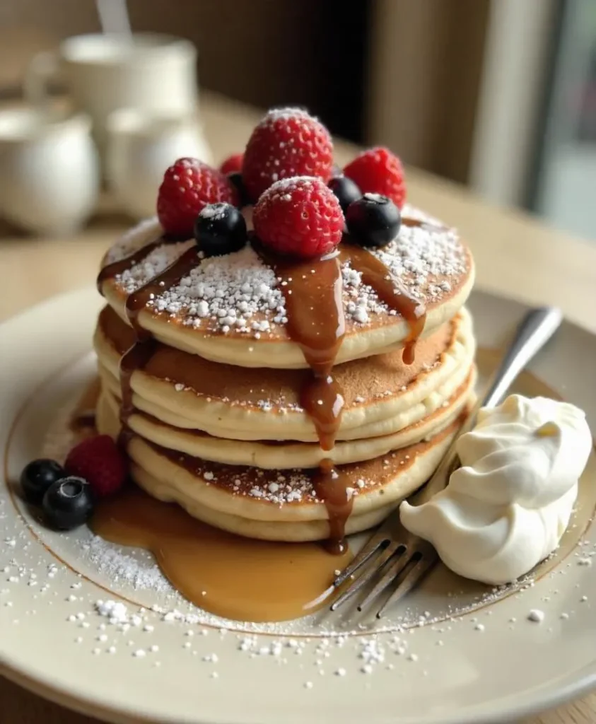 Stack of golden-brown, fluffy old-fashioned pancakes with butter and syrup.