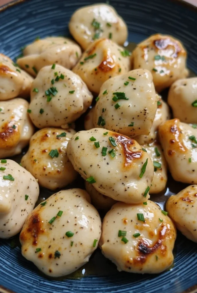 Juicy garlic butter chicken bites garnished with fresh parsley served in a skillet