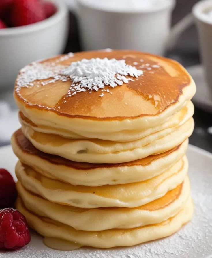 Stack of fluffy pancakes with syrup and butter, perfect for breakfast.