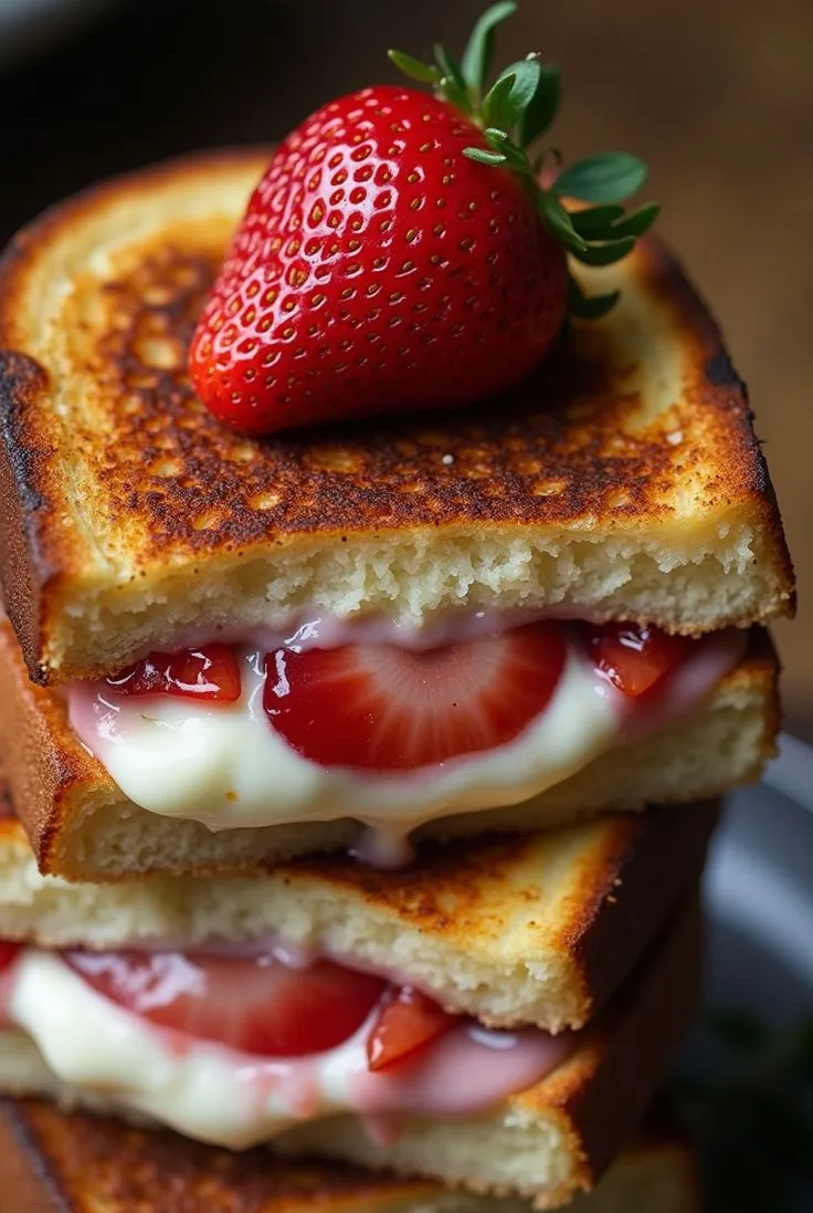 Golden fried strawberry cheesecake sandwiches topped with powdered sugar, served with fresh strawberries and a drizzle of strawberry sauce.