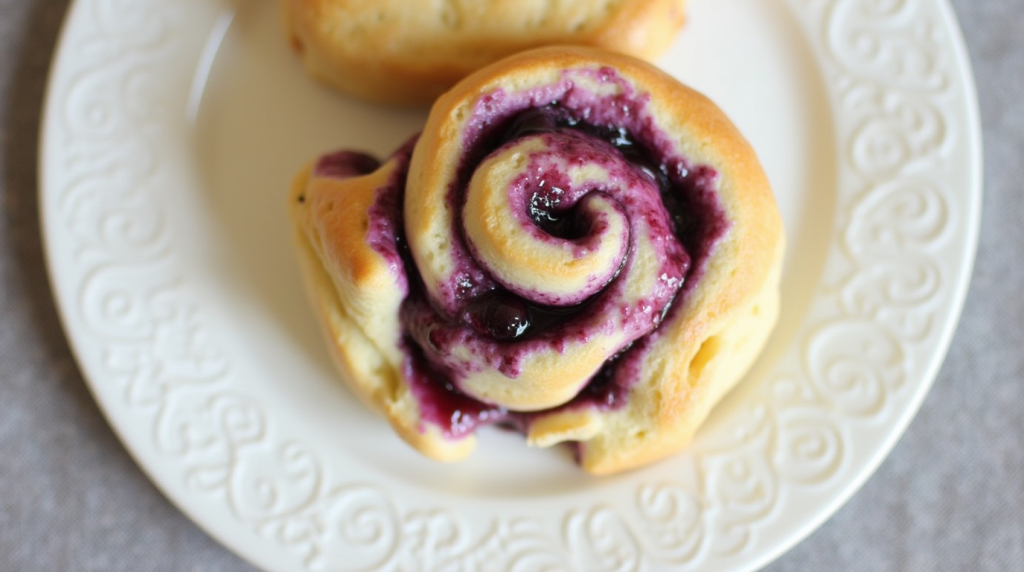 Freshly baked Blueberry Cinnamon Rolls with a golden crust and juicy blueberries drizzled with glaze.