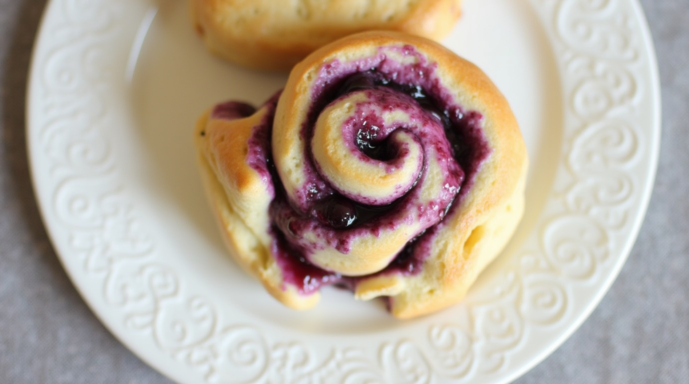Freshly baked Blueberry Cinnamon Rolls with a golden crust and juicy blueberries drizzled with glaze.