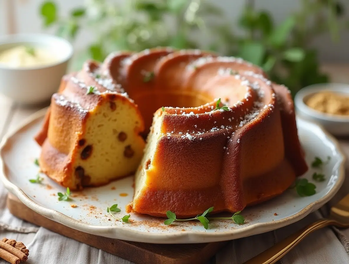 A beautifully baked cinnamon roll Bundt cake with a golden-brown crust, drizzled with creamy white glaze, and garnished with a sprinkle of cinnamon. The cake is displayed on a rustic wooden table with a cup of coffee and fresh cinnamon sticks as complementary elements.
