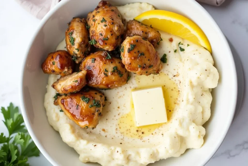 Golden crispy Chicken and Potato Bake recipe with tender chicken pieces, roasted potatoes, and melted cheese in a ceramic baking dish, garnished with fresh herbs.