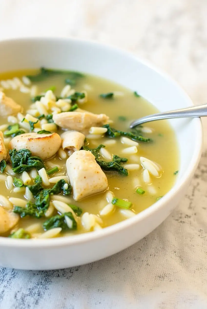 A bowl of creamy lemon chicken orzo soup with spinach, garnished with parsley.