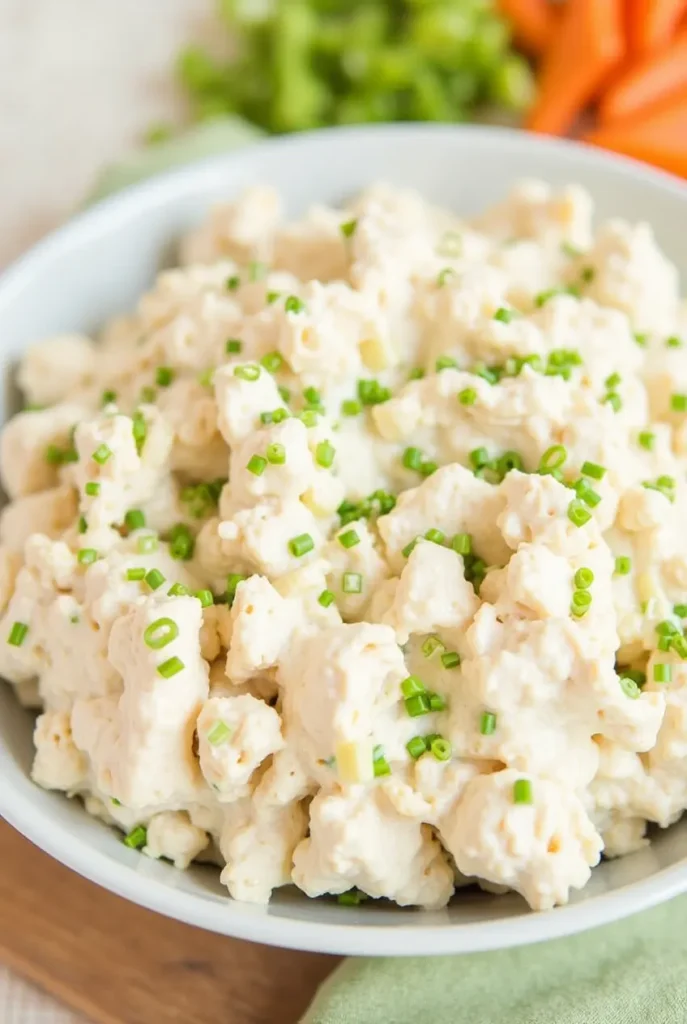 A creamy chicken salad served in a bowl with crackers and fresh herbs.