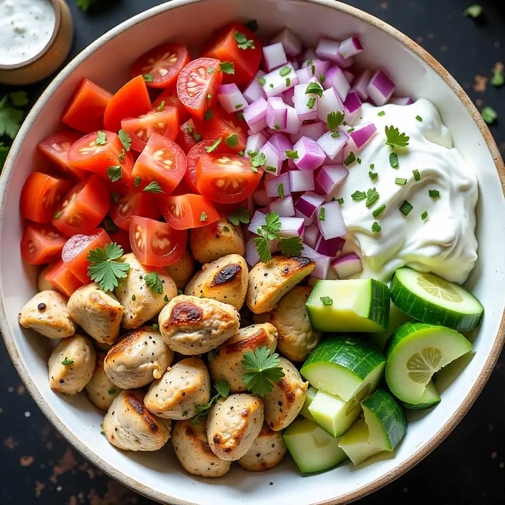 Chicken Gyro Bowl with grilled chicken, veggies, and tzatziki sauce.