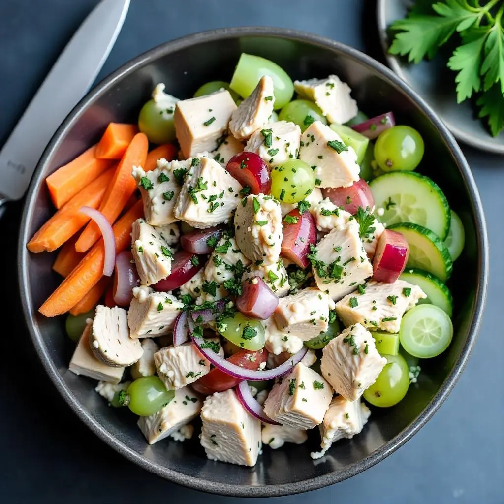 Classic Chicken Salad with chicken, celery, and mayo in a bowl.