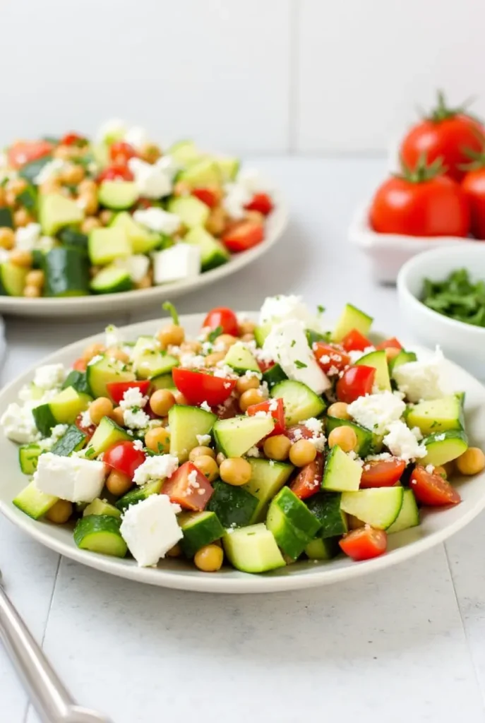 A refreshing chickpea cucumber salad with feta cheese and cherry tomatoes.