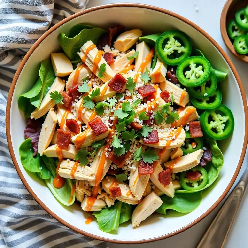 Keto Jalapeno Popper Chicken Salad with spicy jalapenos and creamy dressing.