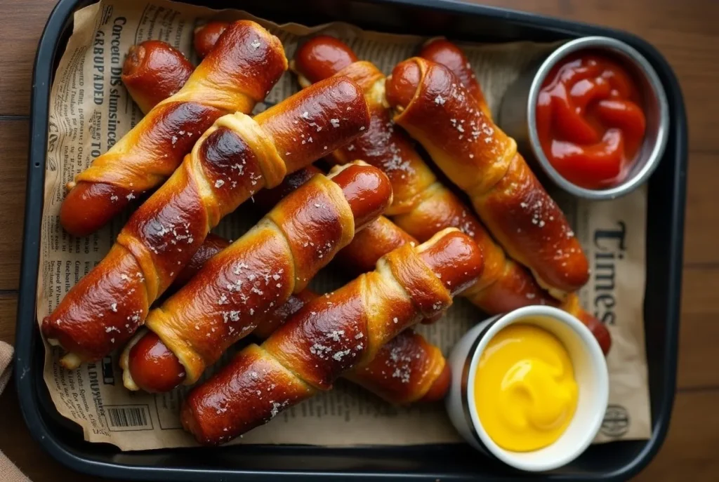 Golden brown homemade pretzel dogs with soft pretzel dough wrapped around juicy hot dogs, topped with coarse sea salt.