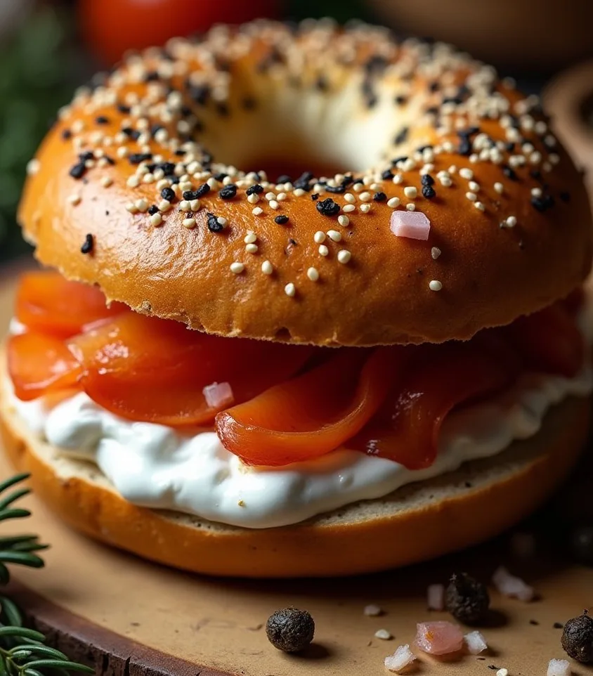 A freshly prepared smoked salmon bagel on a plate, topped with cream cheese, capers, red onion slices, and fresh dill, served with lemon wedges on the side.