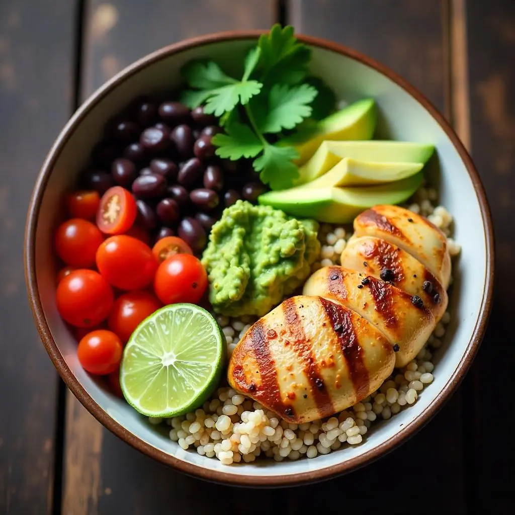 Southwest Chicken Bowl with chicken, beans, corn, and avocado.