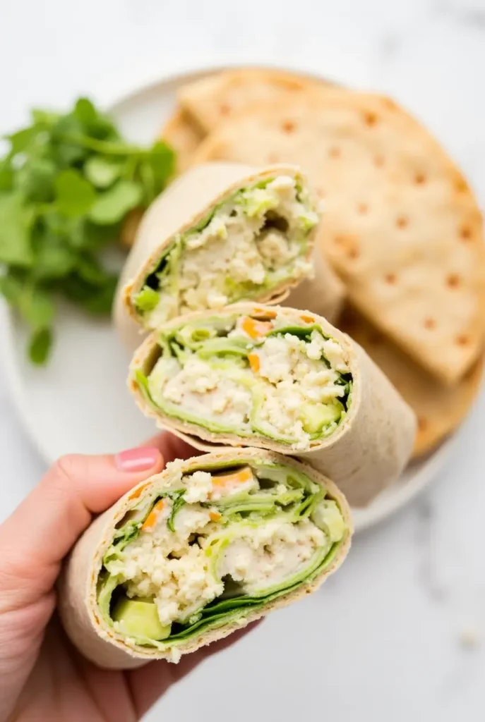 A toasted tuna melt wrap with melted cheese and fresh greens.