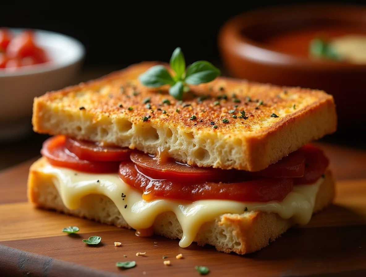 A close-up of a crispy, golden-brown Pepperoni Pizza Grilled Cheese sandwich with melted cheese and pepperoni slices oozing out, served with a side of marinara sauce for dipping.