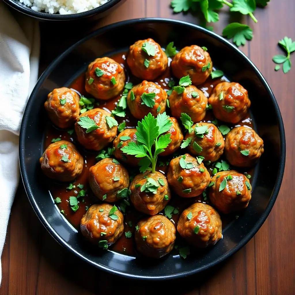 Garlic Meatballs served on a plate with parsley garnish.