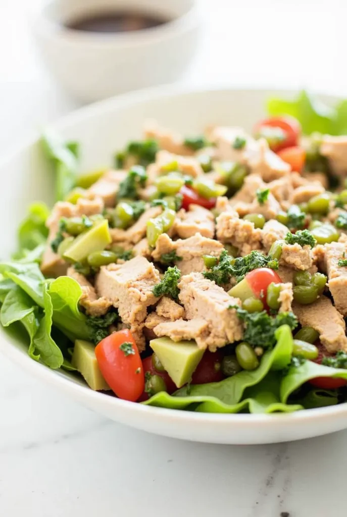 A vibrant Mediterranean tuna salad with olives, tomatoes, and cucumbers.