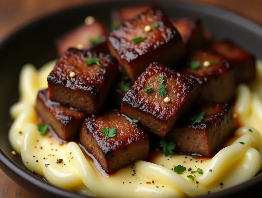 Garlic butter steak bites and creamy mash served in a white bowl, garnished with parsley