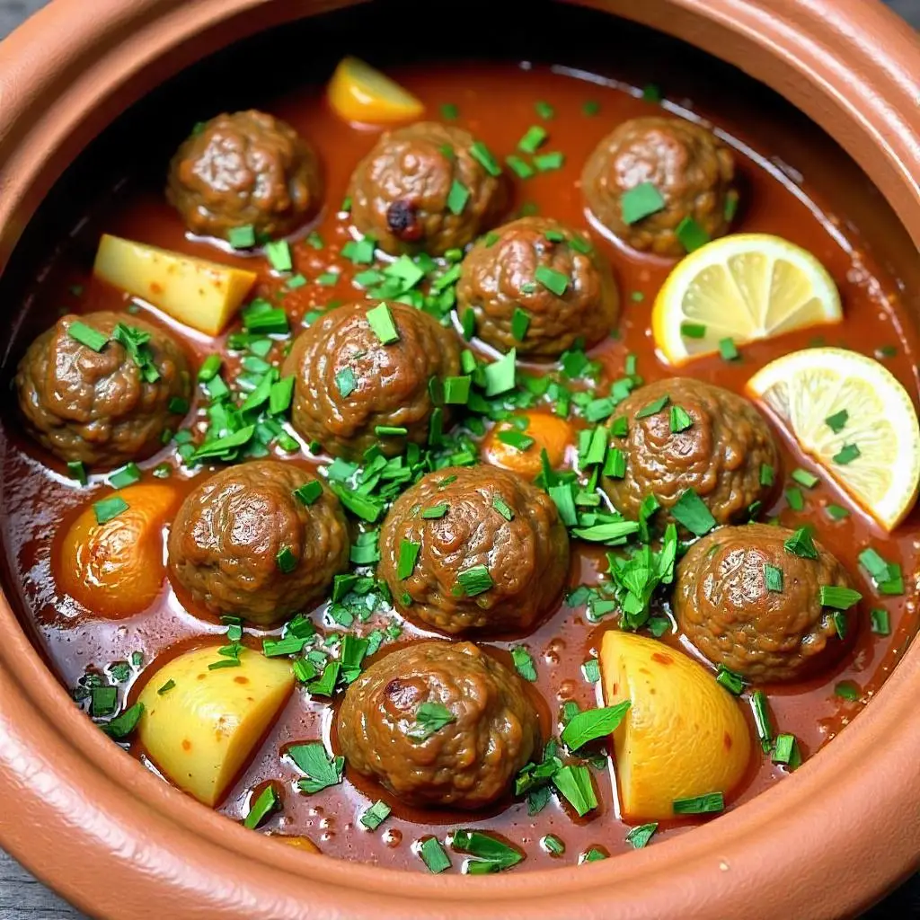 Moroccan Meatball Tagine with meatballs in a spicy tomato sauce.