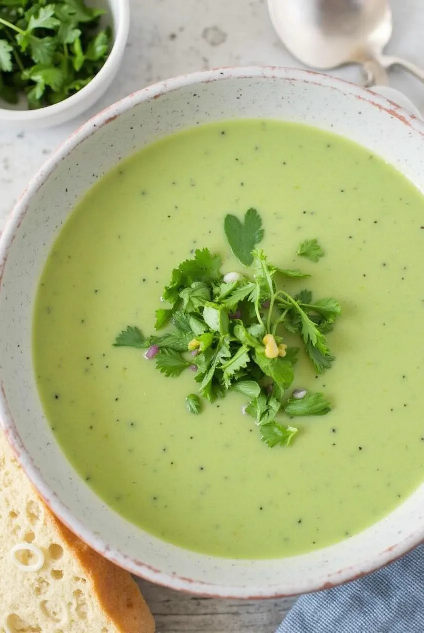 A creamy green soup made with spinach, broccoli, and herbs.