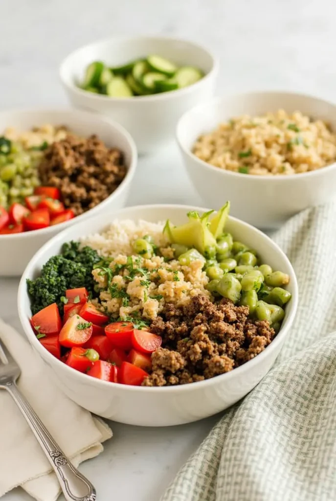 A colorful Mediterranean bowl with quinoa, roasted vegetables, and hummus.