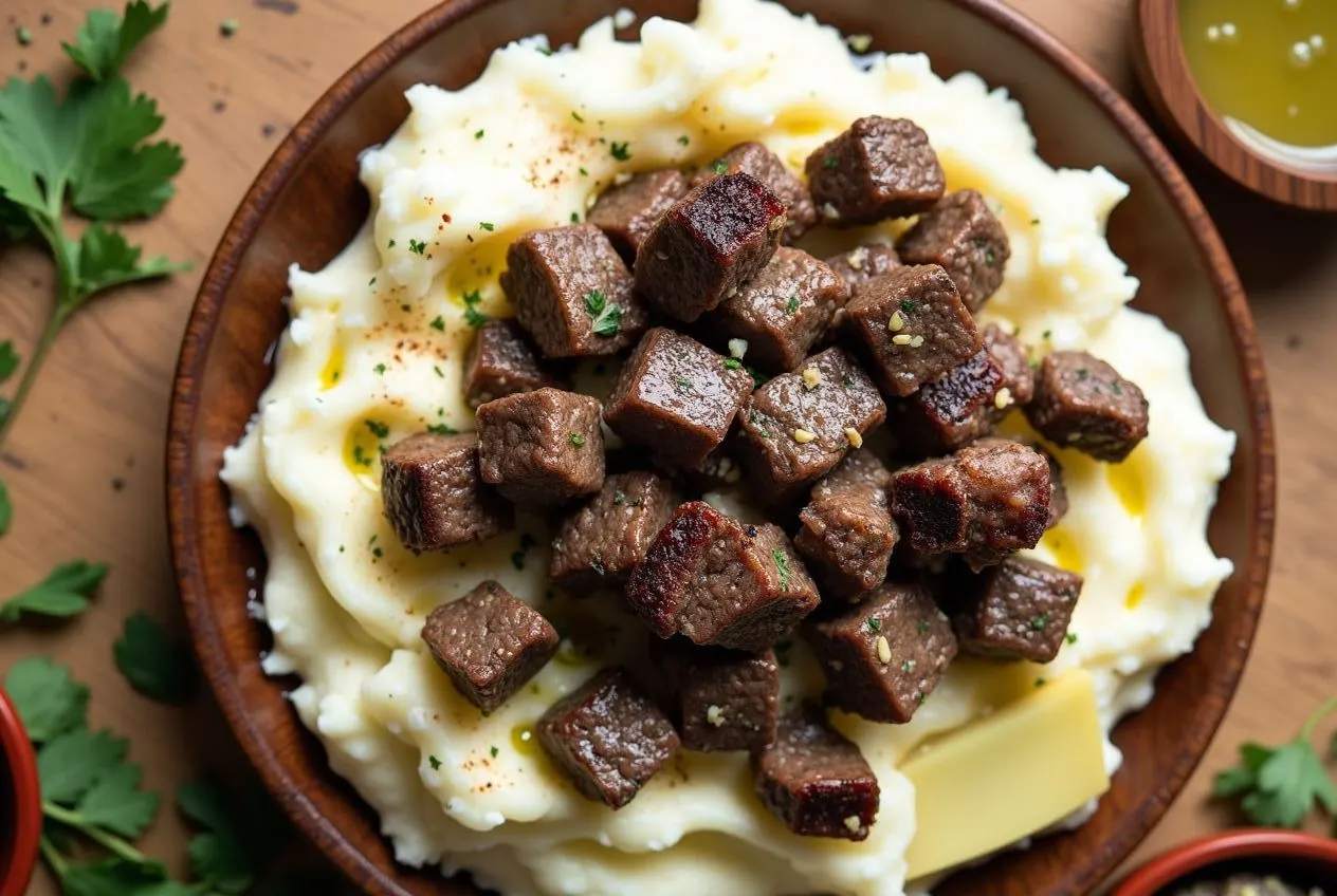 Air fryer cooking tender Air Fryer Steak Bites with garlic butter for a quick, healthy meal.