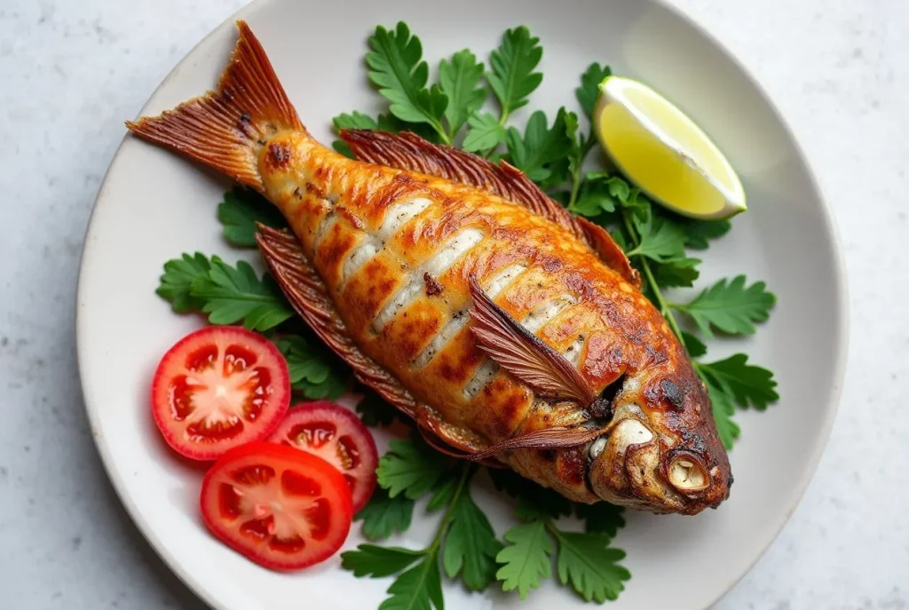 Golden air fryer tilapia fillets on a plate with lemon and parsley, next to an air fryer