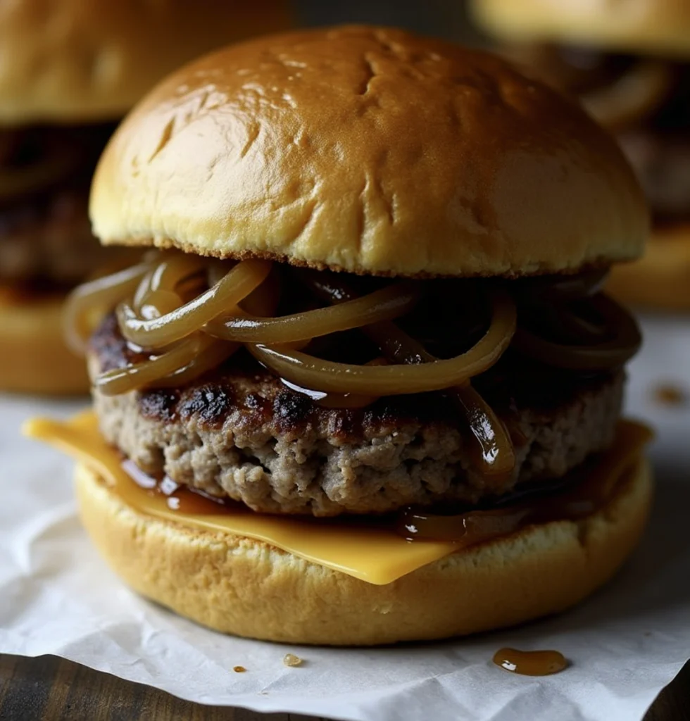 A close-up of an Oklahoma Fried Onion Burger with caramelized onions pressed into a crispy beef patty, topped with melted cheese, and served on a toasted bun.