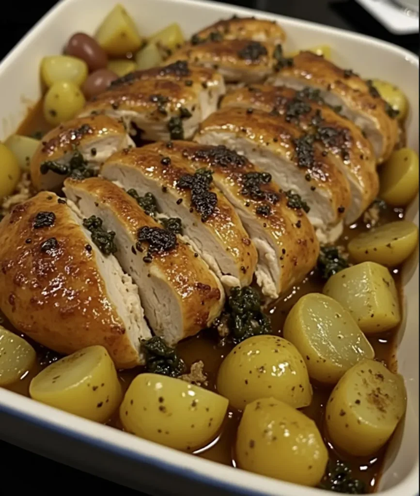 Chicken and potato bake in a ceramic dish with golden-brown chicken and crispy potatoes, garnished with fresh herbs