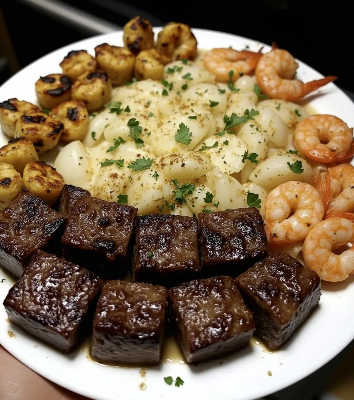 Garlic Butter Steak Bites and Shrimp served on a plate with lemon wedges and parsley garnish.