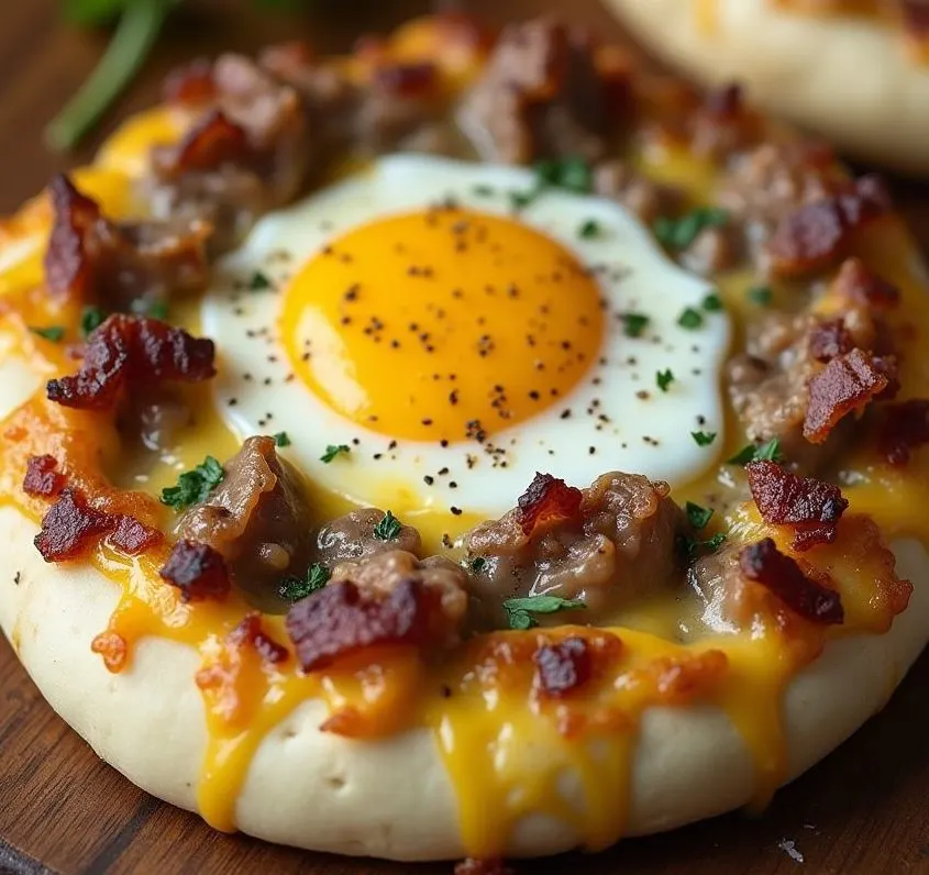 English Muffin Breakfast Pizza with fried egg and bacon