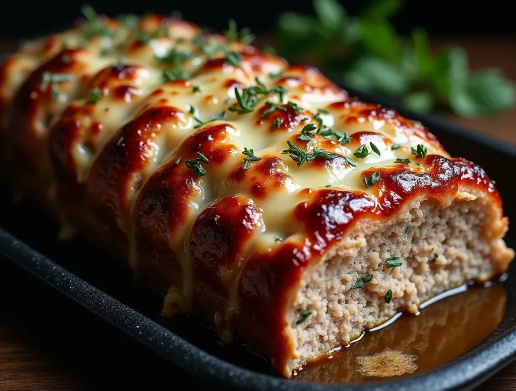 Slice of Garlic Parmesan Chicken Meatloaf on a plate with mashed potatoes and roasted vegetables