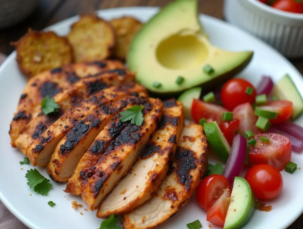 Sliced grilled chicken breast topped with avocado on a plate