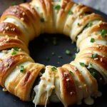 Golden jalapeño popper crescent roll ring on a baking sheet with cheesy filling and ranch dip