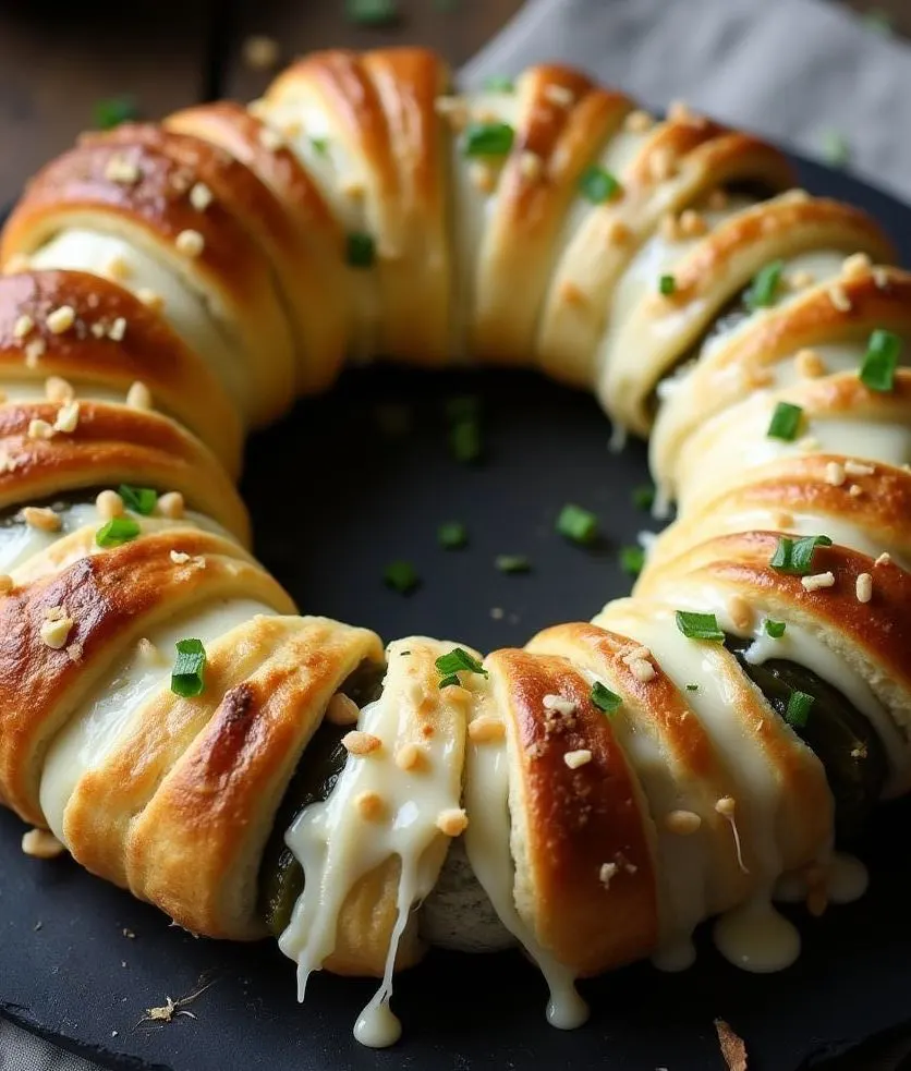 Golden jalapeño popper crescent roll ring on a baking sheet with cheesy filling and ranch dip