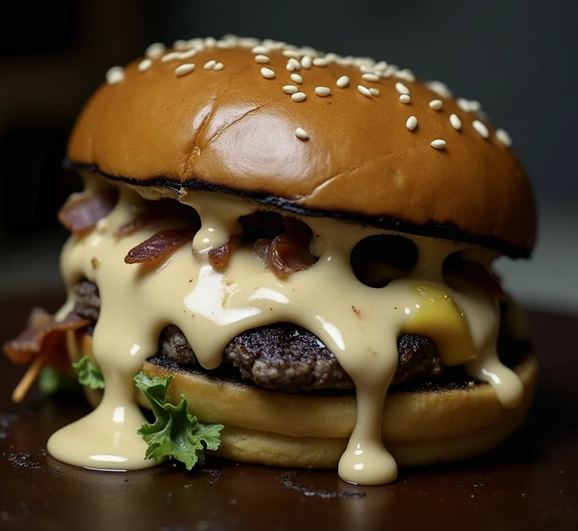 Juicy smash burger with baconnaise sauce on a bun with lettuce and tomato, beside a hot griddle