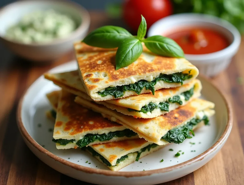 Freshly cooked spinach feta quesadillas on a plate with salsa