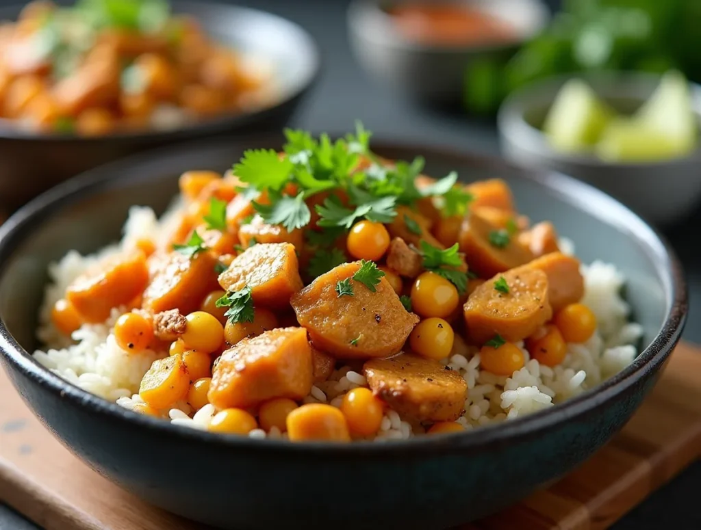 Street Corn Chicken Rice Bowl with charred corn and cilantro