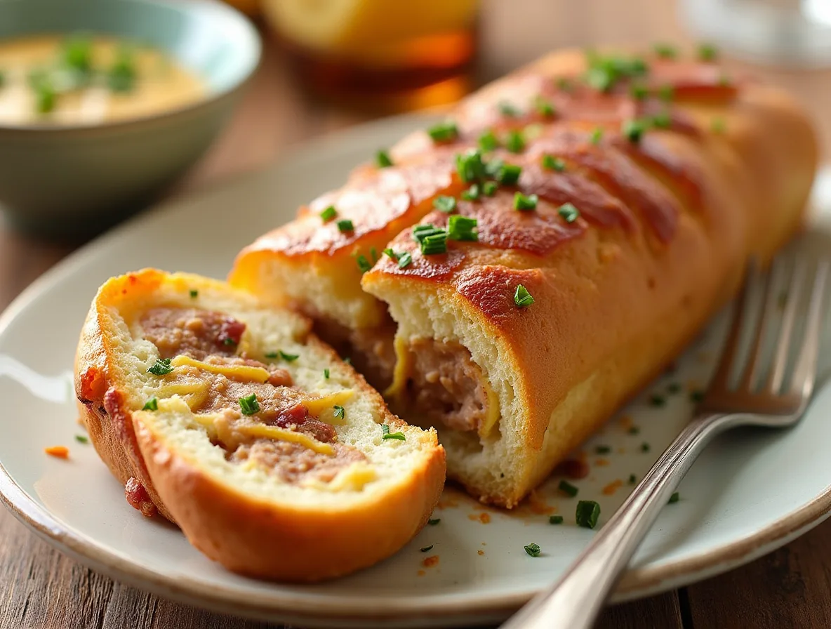 Golden baked chicken bacon ranch stuffed bread with melted cheese and crispy bacon, sliced and ready to serve.