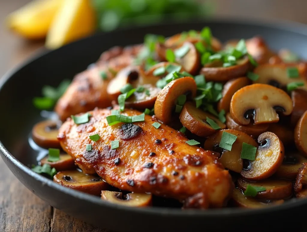 Black Pepper Chicken with Mushrooms in skillet with steamed rice and green onions