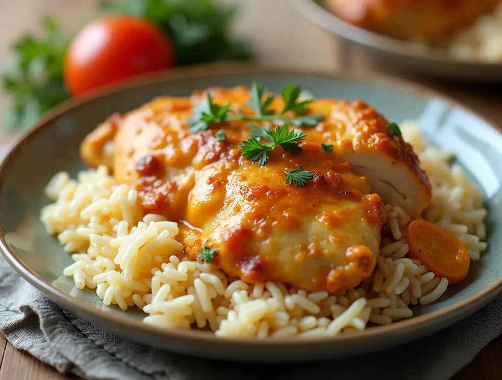 A plate of creamy smothered chicken and rice, topped with a rich, savory sauce and garnished with fresh herbs.