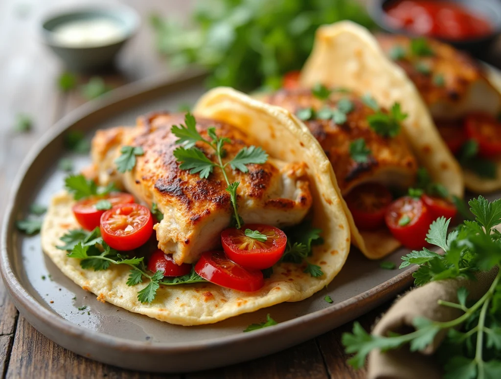 A close-up of a freshly made rotisserie chicken wrap, with tender chicken pieces, crisp lettuce, diced tomatoes, and melted cheese, all wrapped in a warm tortilla, placed on a wooden cutting board with herbs and spices scattered around.